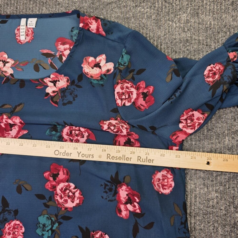 Elle Blouse Womens XL Blue Floral Bell Sleeve Pullover Top Pink Teal Rose Print - Picture 6 of 12